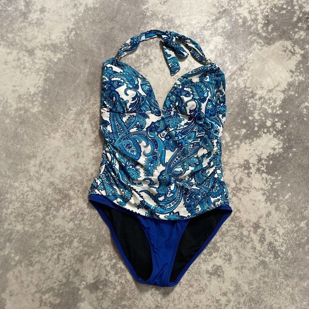 Chaps Sz 12 Retro Paisley Halter Swimsuit Blue‎ White Sweetheart Shirred